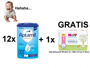 Aptamil Pronutra Pre 12x800g plus 1 Packung Hipp Windeln Größe 2 GRATIS